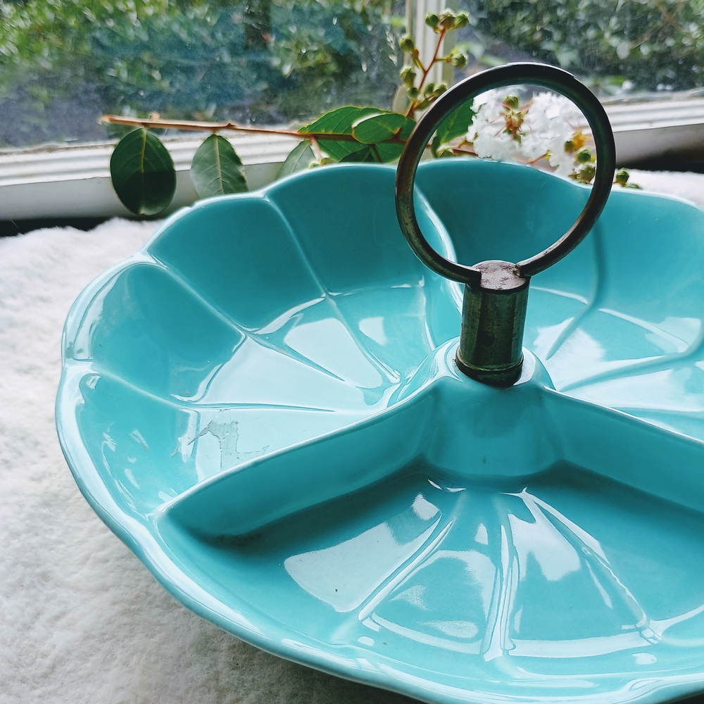 Vintage, Mid-Century, California Pottery aqua 3 section candy Dish, Serving Dish - Picture 5 of 10